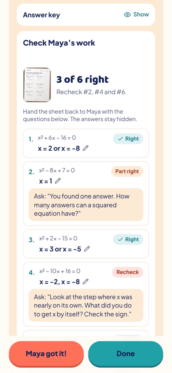 A finished practice sheet marked 3 of 6 right, with a question for each answer to recheck.