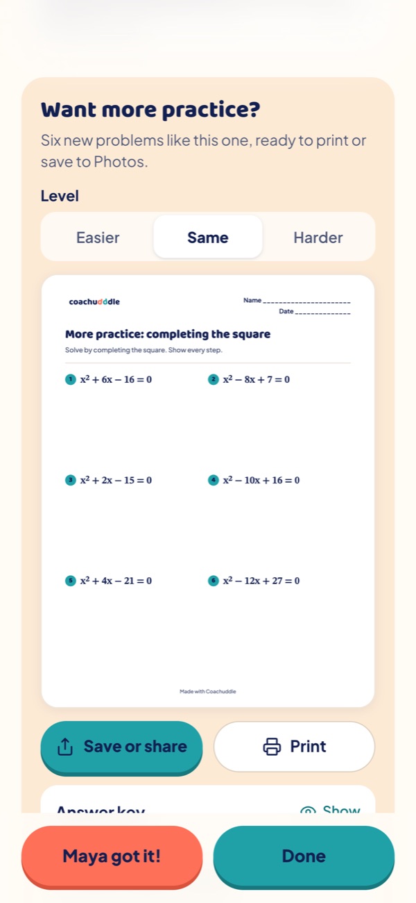 A practice sheet of six completing-the-square problems, with Easier, Same and Harder level buttons above it.