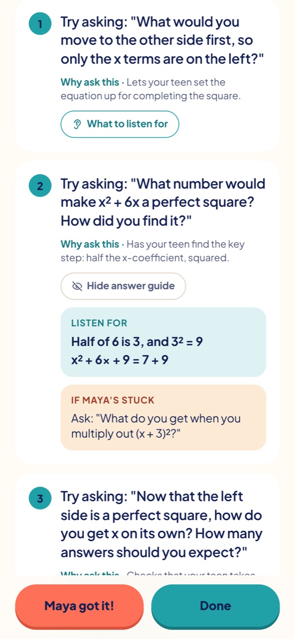 Three questions to ask, with what to listen for and what to ask if your child is stuck.